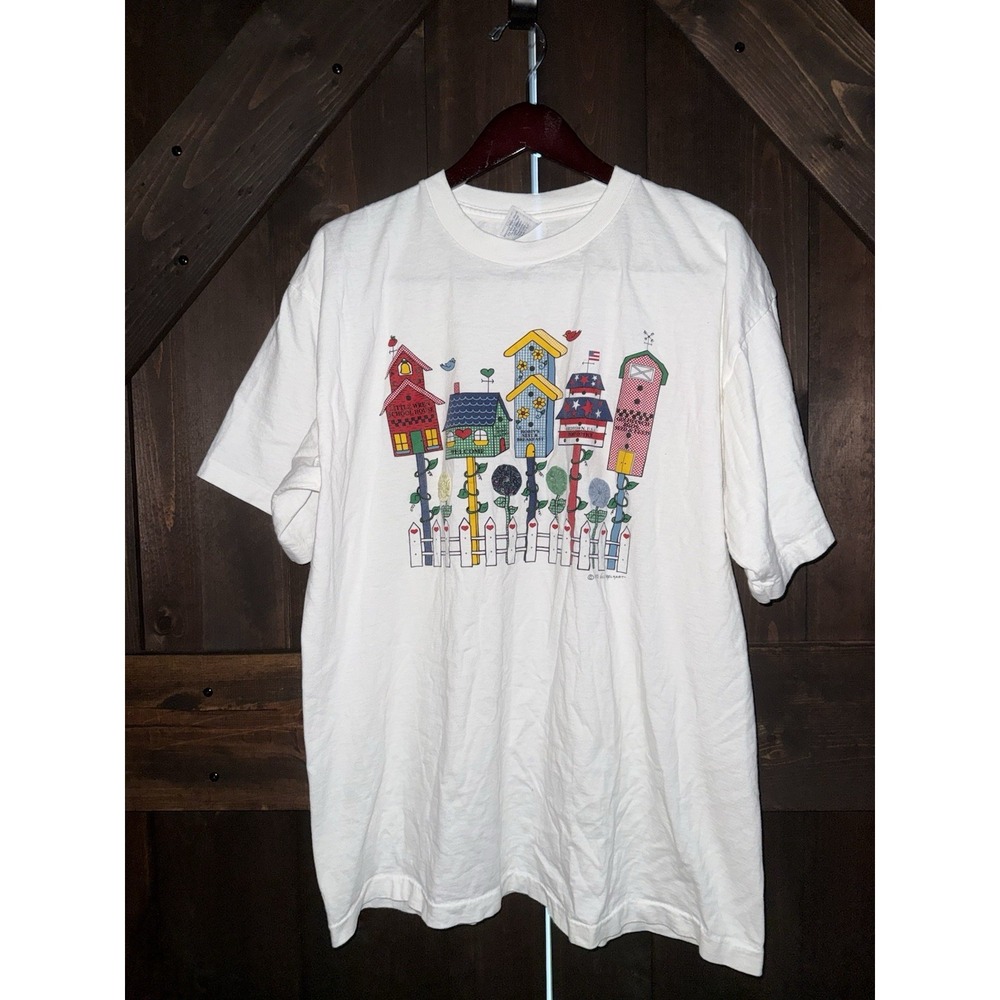 Vintage Sz XL‎ 1995 Vicki Melhart Birdhouse Alore Graphic T-Shirt White Made USA